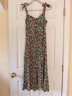 Zara Floral Tie-Strap Maxi Dress in Green and Pink